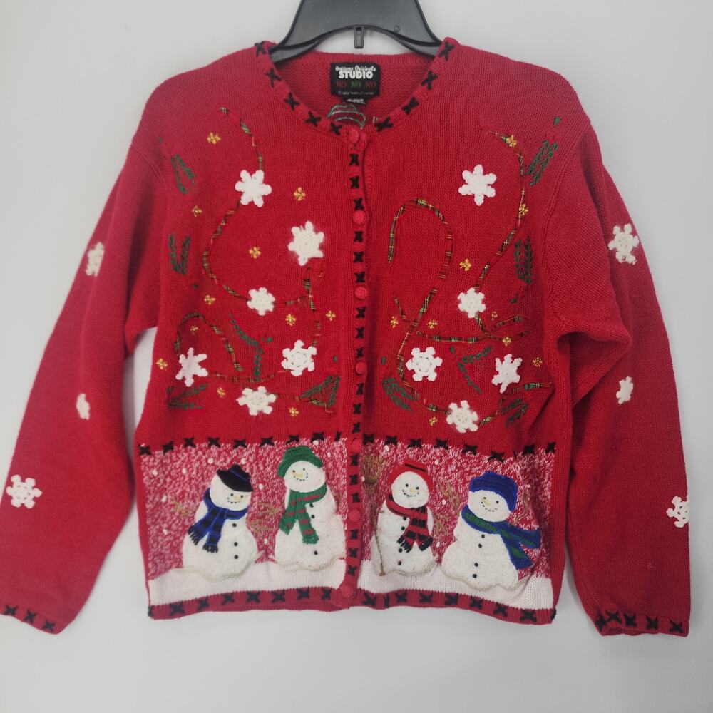 Designers Originals Studio Holiday Christmas Cardigan Red Snowman L
